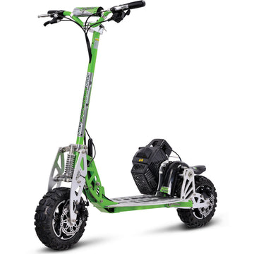 The image shows a vibrant green and black electric scooter with a distinctive black storage box on its handlebar.
AI-generated content may be incorrect.